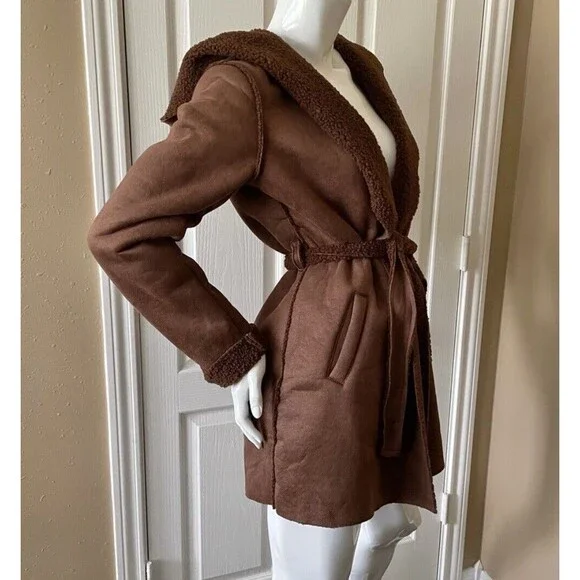 Kut from the Kloth Emelie Hooded Faux Suede Wrap Coat Women’s Sz M - Picture 2 of 12
